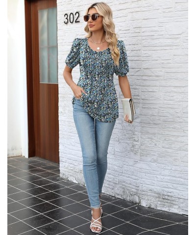 Women's Summer Puff Long/Short Sleeve Tunic Tops Pleated Crew Neck Shirts Blouses Casual Loose T-Shirts A_short Sleeve Blue+f...