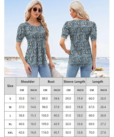 Women's Summer Puff Long/Short Sleeve Tunic Tops Pleated Crew Neck Shirts Blouses Casual Loose T-Shirts A_short Sleeve Blue+f...