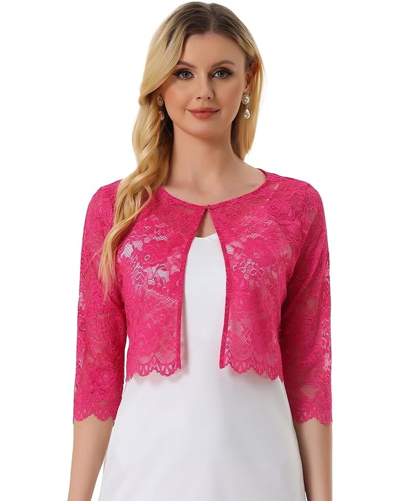 Women's Elegant Sheer Floral Lace Shrug Top Cropped Bolero Cardigan Hot Pink $14.78 Sweaters