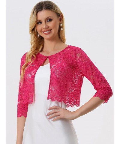 Women's Elegant Sheer Floral Lace Shrug Top Cropped Bolero Cardigan Hot Pink $14.78 Sweaters