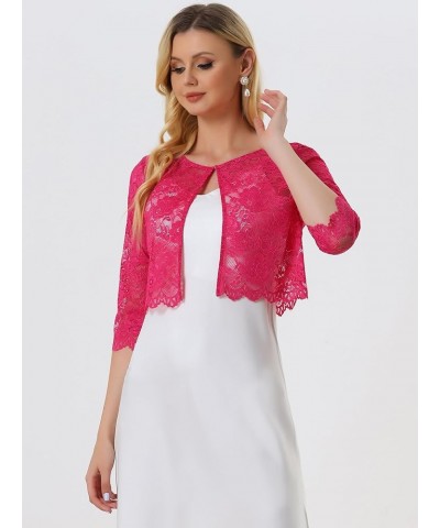 Women's Elegant Sheer Floral Lace Shrug Top Cropped Bolero Cardigan Hot Pink $14.78 Sweaters