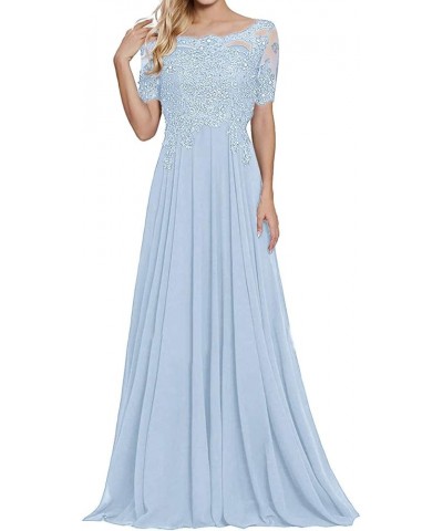 Mother of The Bride Dresses Long Evening Formal Dress Lace Applique Beaded Maxi Short Sleeve for Women Sky Blue $43.68 Dresses