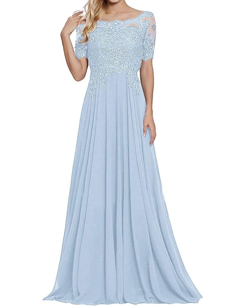 Mother of The Bride Dresses Long Evening Formal Dress Lace Applique Beaded Maxi Short Sleeve for Women Sky Blue $43.68 Dresses