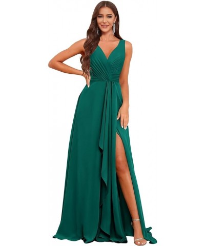 V Neck Long Bridesmaid Dresses for Women A Line Pleated Chiffon Ruffles Formal Evening Dresses with Slit Teal $25.49 Dresses