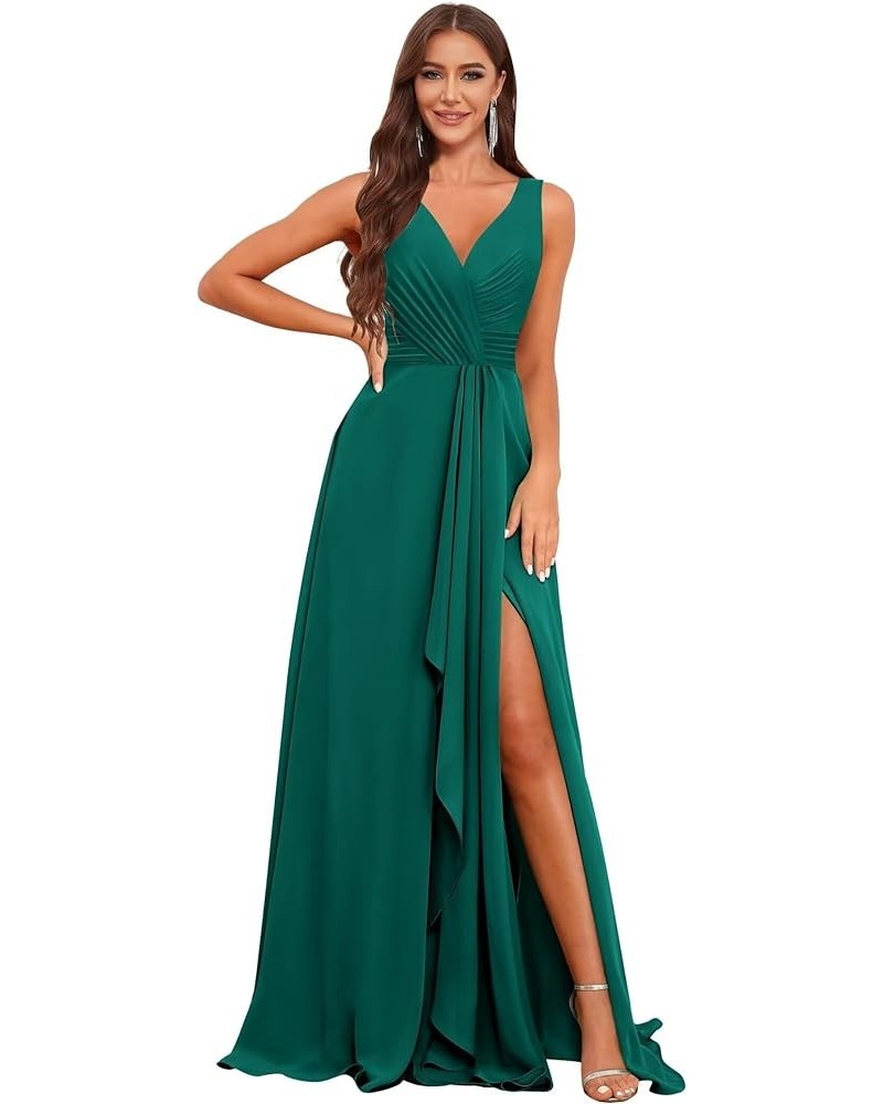 V Neck Long Bridesmaid Dresses for Women A Line Pleated Chiffon Ruffles Formal Evening Dresses with Slit Teal $25.49 Dresses