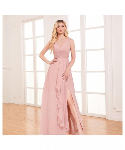 V Neck Long Bridesmaid Dresses for Women A Line Pleated Chiffon Ruffles Formal Evening Dresses with Slit Teal $25.49 Dresses