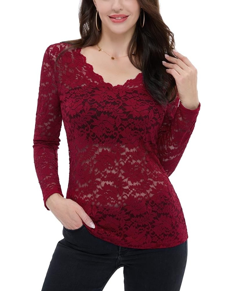 Women's Sexy Floral Lace Shirt Scallop V Neck Semi Sheer Blouse Include Padded Tube Work Party Tops Red $9.51 Tops