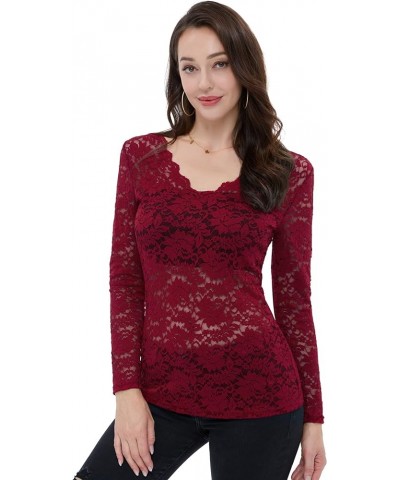 Women's Sexy Floral Lace Shirt Scallop V Neck Semi Sheer Blouse Include Padded Tube Work Party Tops Red $9.51 Tops