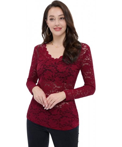 Women's Sexy Floral Lace Shirt Scallop V Neck Semi Sheer Blouse Include Padded Tube Work Party Tops Red $9.51 Tops