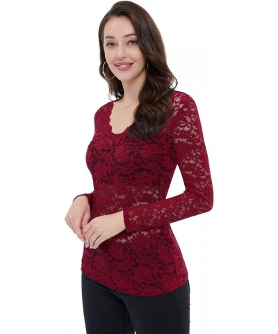 Women's Sexy Floral Lace Shirt Scallop V Neck Semi Sheer Blouse Include Padded Tube Work Party Tops Red $9.51 Tops