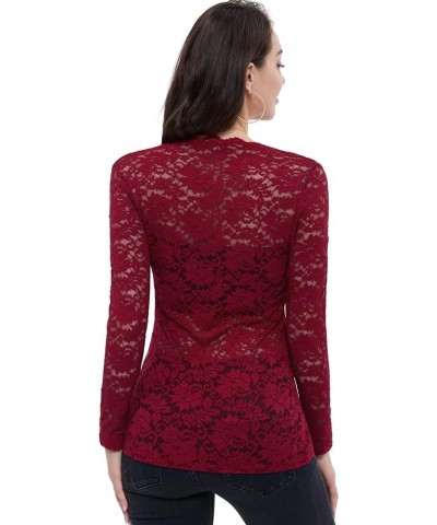 Women's Sexy Floral Lace Shirt Scallop V Neck Semi Sheer Blouse Include Padded Tube Work Party Tops Red $9.51 Tops