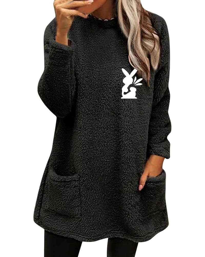 Women's Fleece Sweatshirts Long Sleeve Hoodless Pullover Tops Winter Warm Coat With Pockets Solid Color Clothes Black-i $3.74...