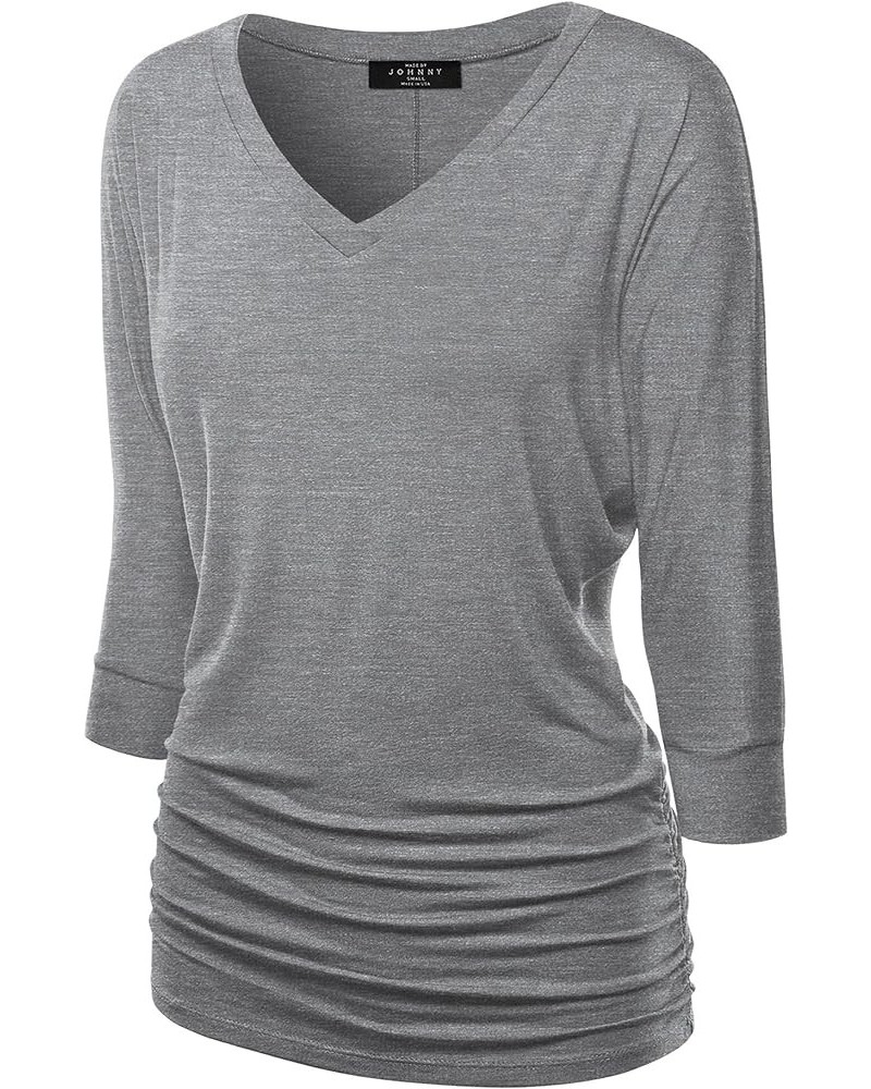 Women's Boat Neck and V-Neck 3/4 Sleeve Draped Dolman Top with Side Shirring Premium Shirt Wt1036_heather_dark_grey $10.64 T-...