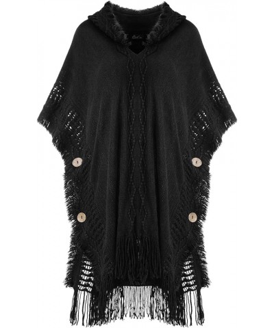 Women's Casual Poncho Hooded Cape with Decorative Buttons for Fall Winter Holiday 2023 Black $17.09 Sweaters