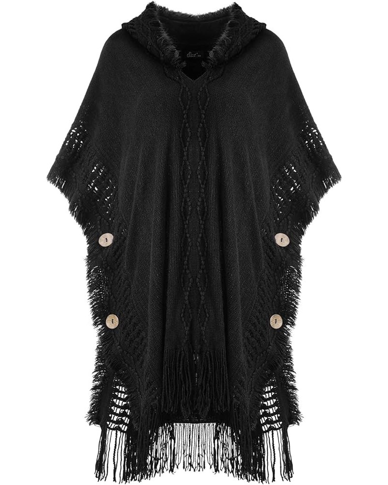 Women's Casual Poncho Hooded Cape with Decorative Buttons for Fall Winter Holiday 2023 Black $17.09 Sweaters