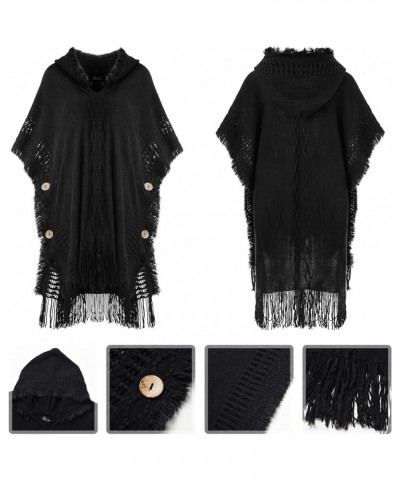 Women's Casual Poncho Hooded Cape with Decorative Buttons for Fall Winter Holiday 2023 Black $17.09 Sweaters