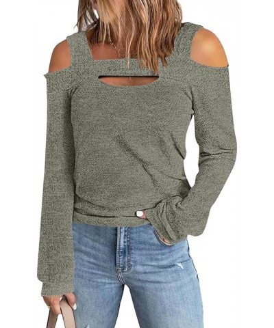 Women's Short/Long Sleeve Cold Shoulder Shirts Cut Out Tops Square Neck Blouse Tunics 1-khaki $11.75 Tops