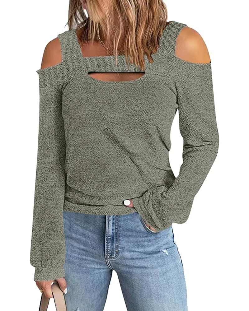 Women's Short/Long Sleeve Cold Shoulder Shirts Cut Out Tops Square Neck Blouse Tunics 1-khaki $11.75 Tops