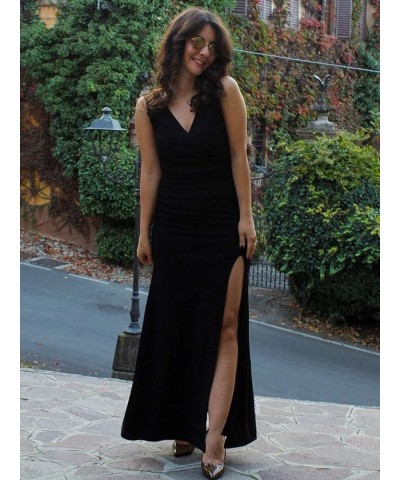 Women's V Neck Split Sleeveless Elastic Long Formal Dresses 00007 Black $12.04 Dresses