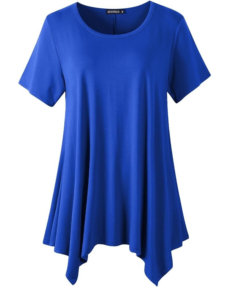 Womens Plus Size Casual Tunic Tops Summer Short Sleeve Shirts for Women Flowy Hankerchief Hemline Royalblue $7.79 Tops