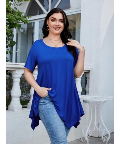 Womens Plus Size Casual Tunic Tops Summer Short Sleeve Shirts for Women Flowy Hankerchief Hemline Royalblue $7.79 Tops