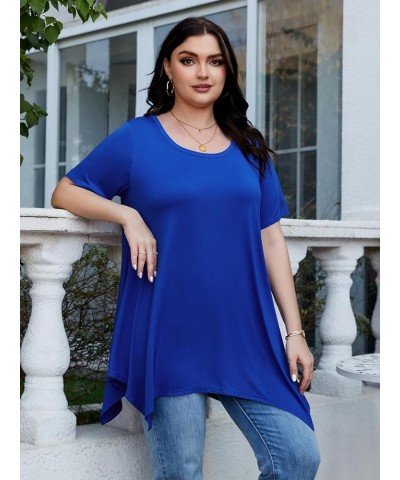 Womens Plus Size Casual Tunic Tops Summer Short Sleeve Shirts for Women Flowy Hankerchief Hemline Royalblue $7.79 Tops