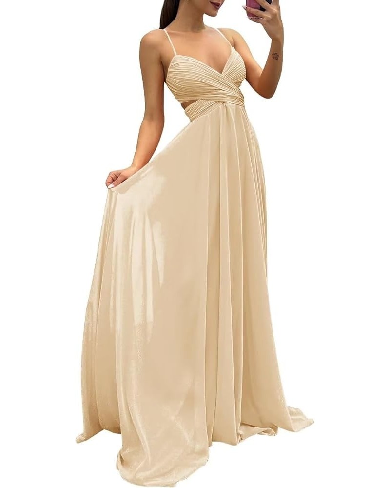 Long Spaghetti Straps Chiffon Bridesmaid Dresses V Neck Formal Wedding Guest Dresses for Women A Line Evening Gowns Champagne...