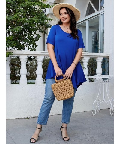 Womens Plus Size Casual Tunic Tops Summer Short Sleeve Shirts for Women Flowy Hankerchief Hemline Royalblue $7.79 Tops