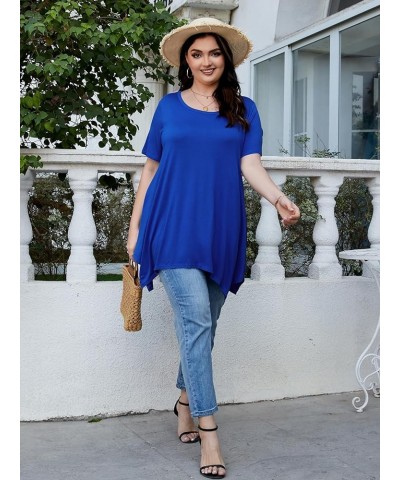 Womens Plus Size Casual Tunic Tops Summer Short Sleeve Shirts for Women Flowy Hankerchief Hemline Royalblue $7.79 Tops