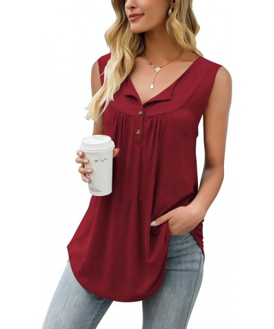 Womens Floral Tie-Dye Tops V Neck T-Shirts Button up Tunic Casual Flowy Pleats Tanks Long Sleeve Blouses Sleeveless-wine Red ...