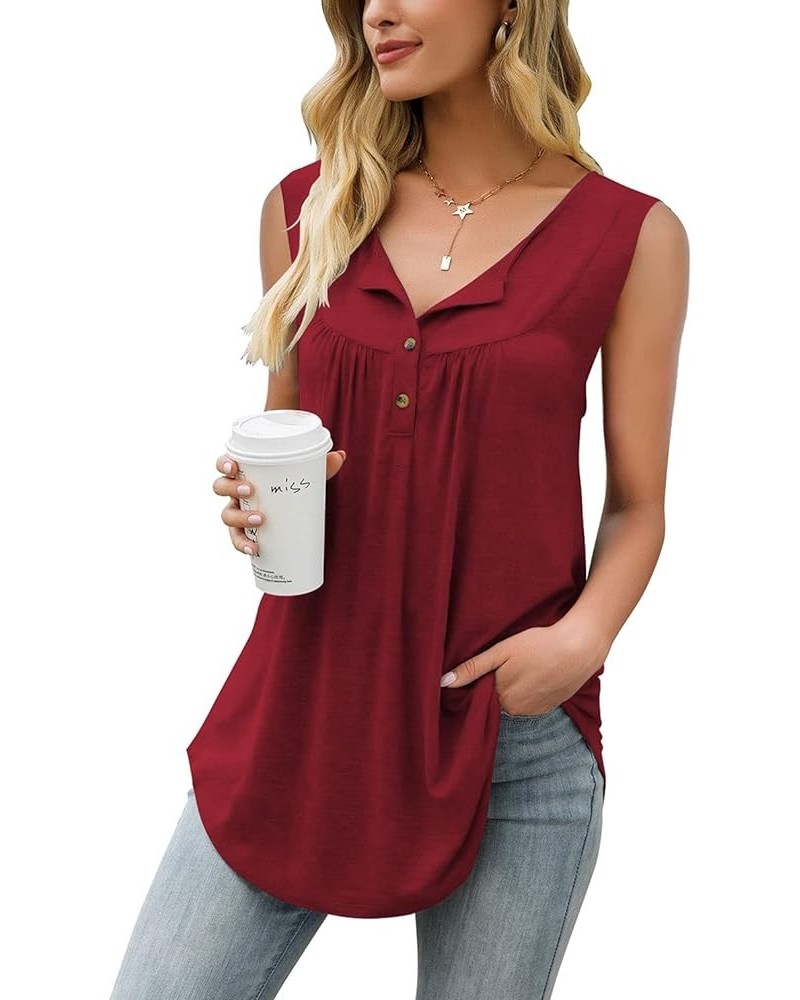 Womens Floral Tie-Dye Tops V Neck T-Shirts Button up Tunic Casual Flowy Pleats Tanks Long Sleeve Blouses Sleeveless-wine Red ...