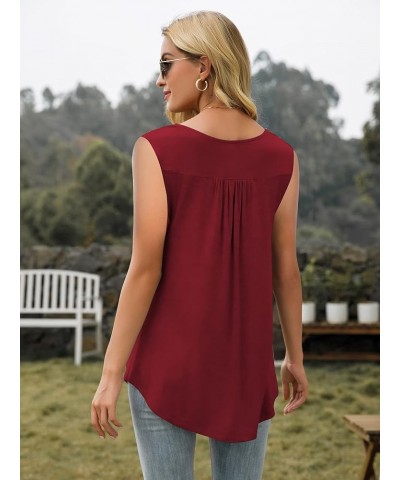 Womens Floral Tie-Dye Tops V Neck T-Shirts Button up Tunic Casual Flowy Pleats Tanks Long Sleeve Blouses Sleeveless-wine Red ...