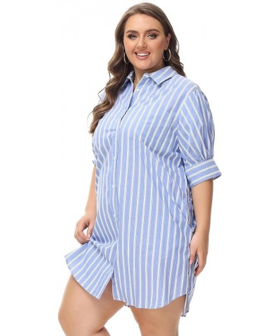 Women's Oversized Short-Sleeve Shirt Dress Plus Size Casual Button Shirt Dress with Pockets Solid Stripe (S-4X) Plus Size 119...