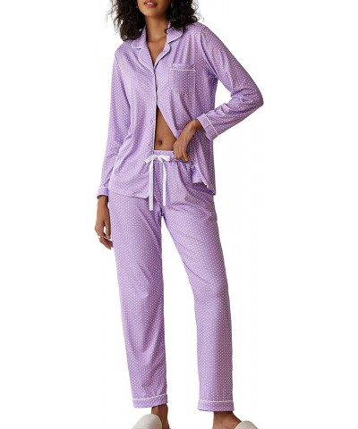 Pajamas Women's Long Sleeve Sleepwear Soft Button Down Loungewear Pjs Lounge Set Nightwear XS-XXL Lilac With White Dots $24.4...