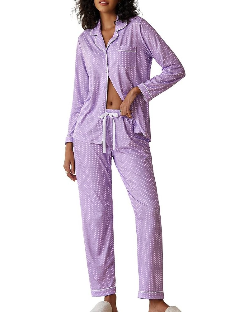 Pajamas Women's Long Sleeve Sleepwear Soft Button Down Loungewear Pjs Lounge Set Nightwear XS-XXL Lilac With White Dots $24.4...