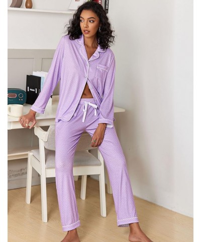 Pajamas Women's Long Sleeve Sleepwear Soft Button Down Loungewear Pjs Lounge Set Nightwear XS-XXL Lilac With White Dots $24.4...