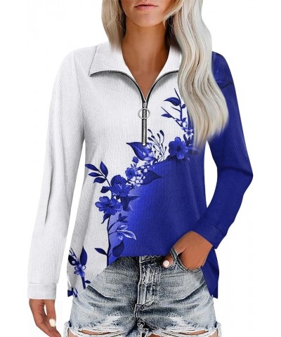 Womens Quarter Zip Tops Fashion Casual Long Sleeve Vintage Floral Print Lapel Shirt Lightweight Pullover Top D-dark Blue $11....