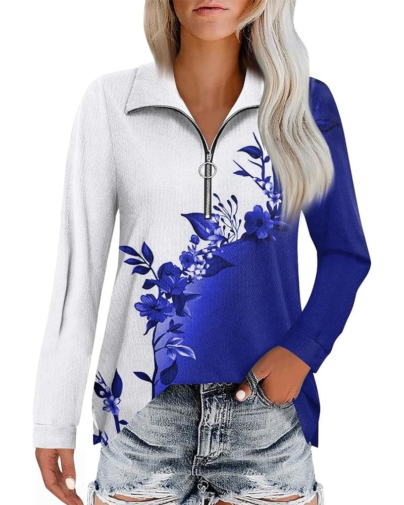 Womens Quarter Zip Tops Fashion Casual Long Sleeve Vintage Floral Print Lapel Shirt Lightweight Pullover Top D-dark Blue $11....