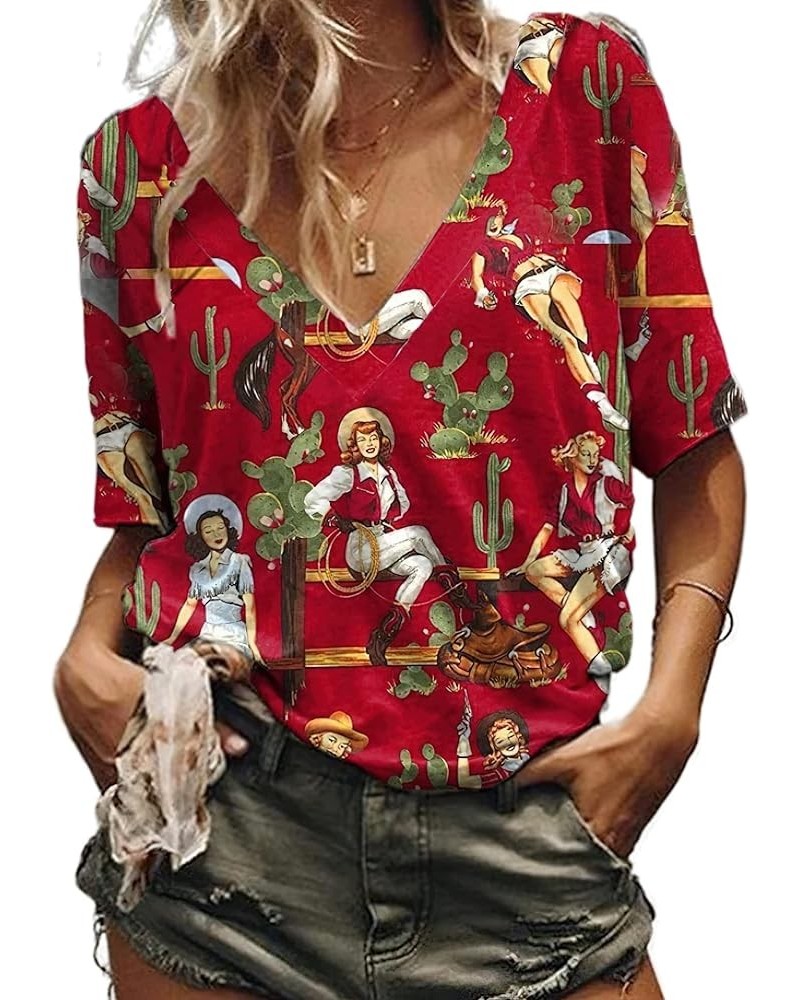 Women's Vintage Western Cowgirl Short Sleeve T-Shirt Horse Print Retro Desert Cactus Pattern V-Neck Tee Tops Red $8.11 T-Shirts