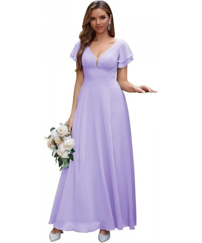 Chiffon Bridesmaid Dresses Long V Neck Formal Evening Dress with Slit Wedding Guest Dress Lavender $22.00 Dresses