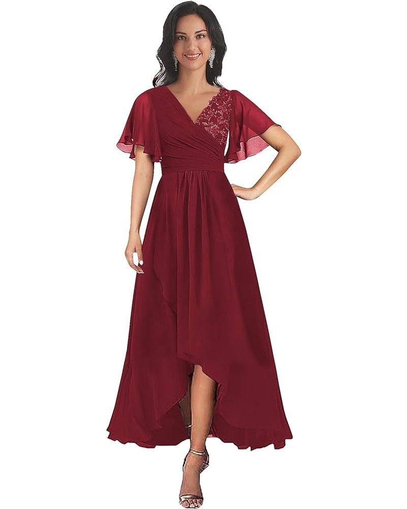 Flutter Sleeve Mother of The Bride Dresses Tea Length for Wedding Lace Chiffon Cocktail Evening Party Gown Burgundy $33.79 Dr...