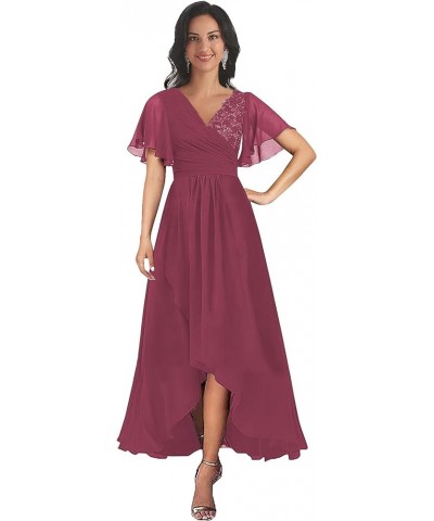 Flutter Sleeve Mother of The Bride Dresses Tea Length for Wedding Lace Chiffon Cocktail Evening Party Gown Burgundy $33.79 Dr...