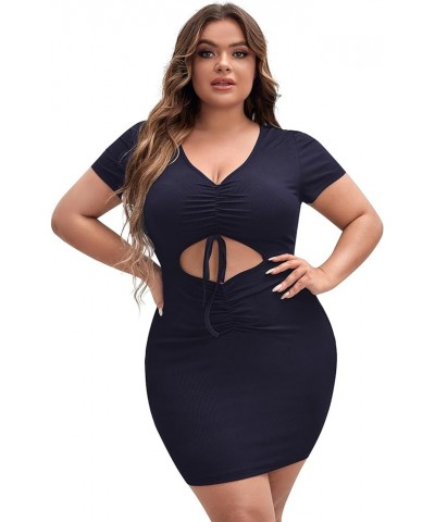 Women's Plus Size Cut Out Twist Front V Neck Short Sleeve Slim Fit Party Bodycon Mini Dress Navy Blue $17.04 Dresses