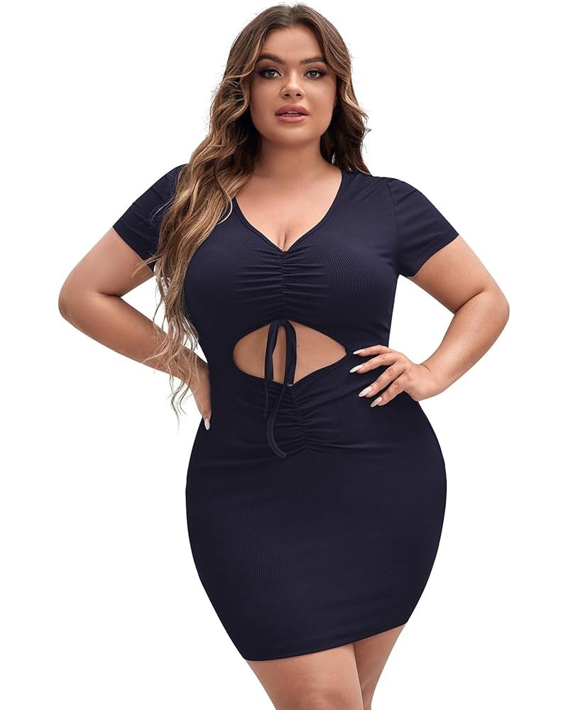 Women's Plus Size Cut Out Twist Front V Neck Short Sleeve Slim Fit Party Bodycon Mini Dress Navy Blue $17.04 Dresses