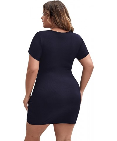 Women's Plus Size Cut Out Twist Front V Neck Short Sleeve Slim Fit Party Bodycon Mini Dress Navy Blue $17.04 Dresses