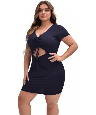 Women's Plus Size Cut Out Twist Front V Neck Short Sleeve Slim Fit Party Bodycon Mini Dress Navy Blue $17.04 Dresses