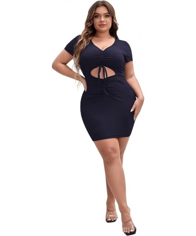 Women's Plus Size Cut Out Twist Front V Neck Short Sleeve Slim Fit Party Bodycon Mini Dress Navy Blue $17.04 Dresses