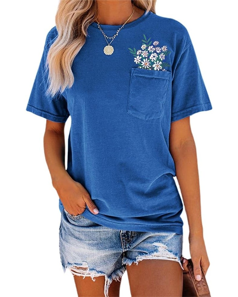 Womens Wildflower Oversized T Shirts Summer Cotton Tops Short Sleeve Crewneck Cute Shirts Graphic Tees with Pocket Blue $10.0...