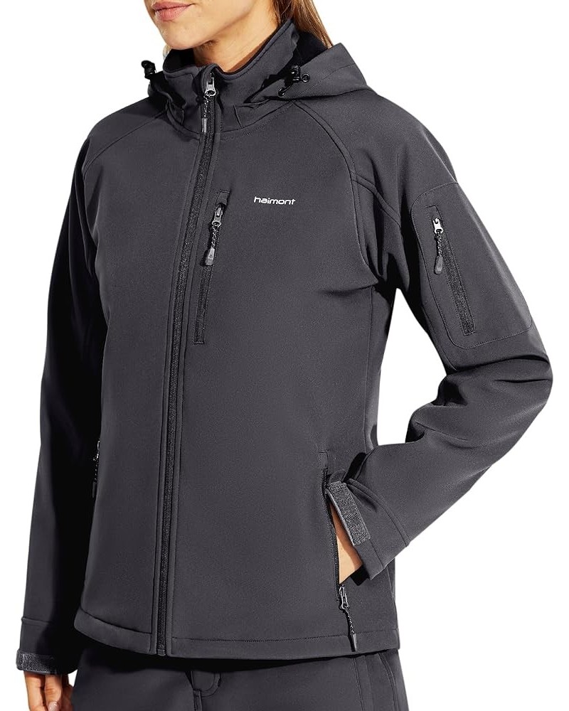 Women's Fleece Lined Softshell Jacket with Hood, Athletic Water-Resistant Warm Windproof Coats with 7 Pockets Hiking Dark Gre...