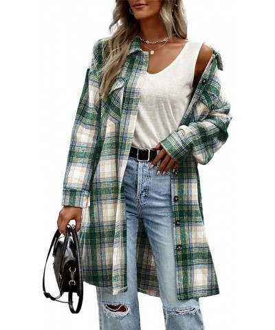 Women's Plaid Shirt Shacket Jacket 2024 Casual Button Down Long Sleeve Tartan Long Lapel Woolen Coats with Pockets Green&whit...